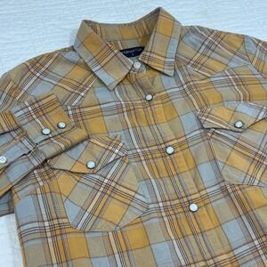 Pashartuk Womens Plaid Western Snap Button Down Shirt Mustard Yellow Grey Size S